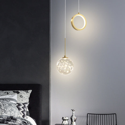 Glass Ball and Ring LED Pendant Minimalist 2-Light Gold Starry Suspension Light for Bedroom Clearhalo 'Ceiling Lights' 'Glass shade' 'Glass' 'Modern Pendants' 'Modern' 'Pendant Lights' 'Pendants' Lighting' 2593749