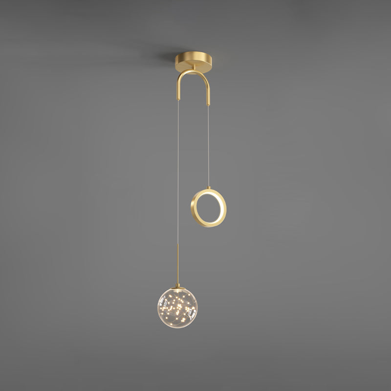 Glass Ball and Ring LED Pendant Minimalist 2-Light Gold Starry Suspension Light for Bedroom Gold Third Gear A Clearhalo 'Ceiling Lights' 'Glass shade' 'Glass' 'Modern Pendants' 'Modern' 'Pendant Lights' 'Pendants' Lighting' 2593750