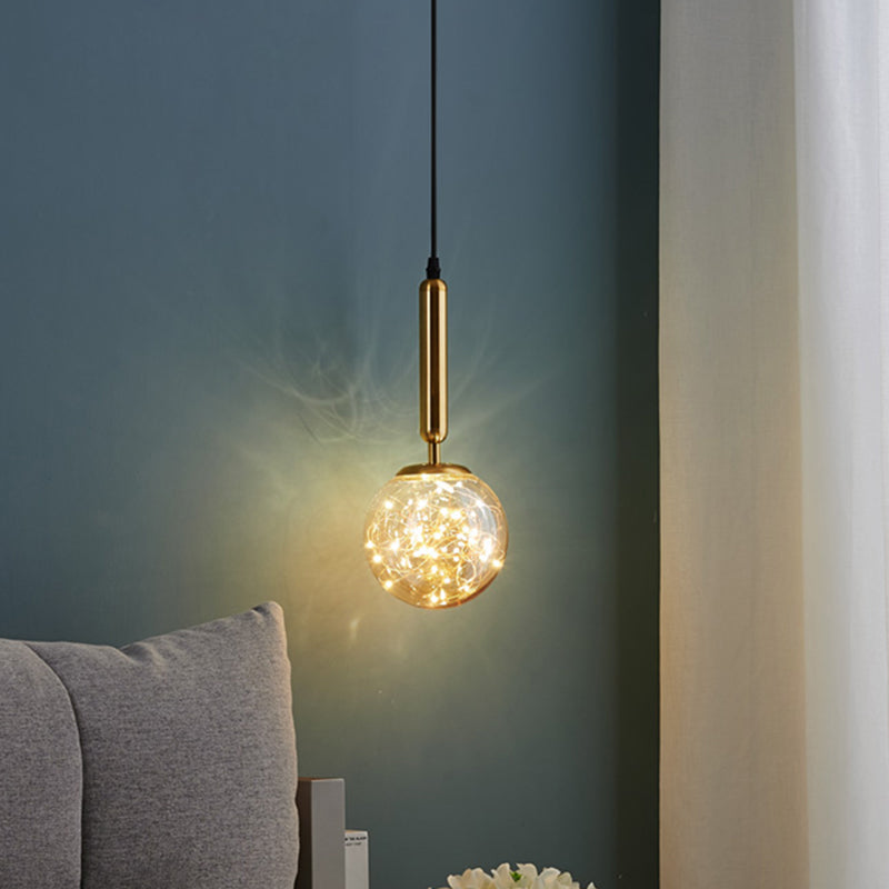 Amber Glass Ball Pendulum Light Nordic 1 Head LED Hanging Pendant with Starry String Clearhalo 'Ceiling Lights' 'Modern Pendants' 'Modern' 'Pendant Lights' 'Pendants' Lighting' 2593755