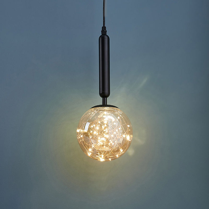 Amber Glass Ball Pendulum Light Nordic 1 Head LED Hanging Pendant with Starry String Black Warm Clearhalo 'Ceiling Lights' 'Modern Pendants' 'Modern' 'Pendant Lights' 'Pendants' Lighting' 2593756
