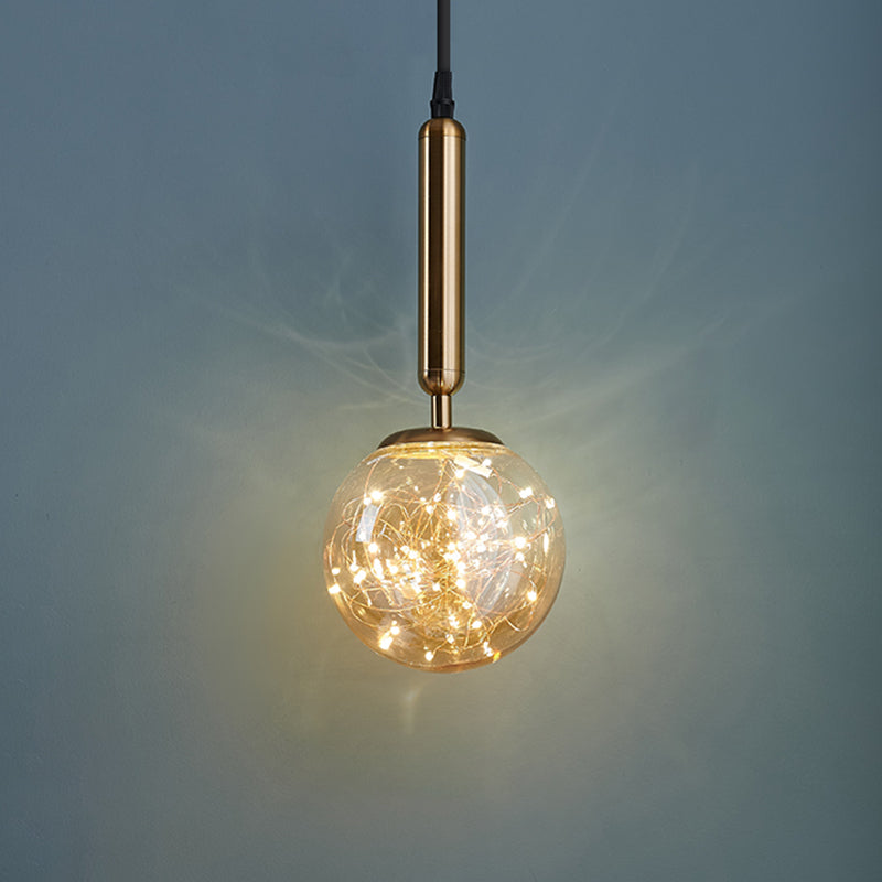 Amber Glass Ball Pendulum Light Nordic 1 Head LED Hanging Pendant with Starry String Gold Warm Clearhalo 'Ceiling Lights' 'Modern Pendants' 'Modern' 'Pendant Lights' 'Pendants' Lighting' 2593757