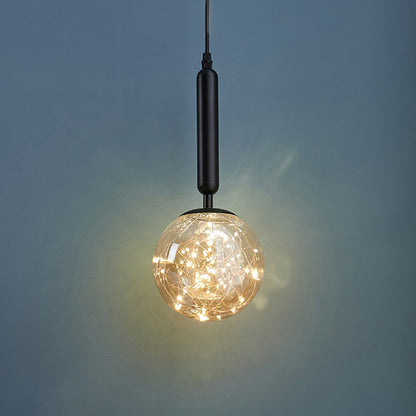 Amber Glass Ball Pendulum Light Nordic 1 Head LED Hanging Pendant with Starry String Black Natural Clearhalo 'Ceiling Lights' 'Modern Pendants' 'Modern' 'Pendant Lights' 'Pendants' Lighting' 2593759