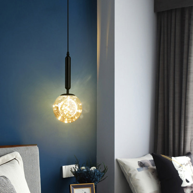 Amber Glass Ball Pendulum Light Nordic 1 Head LED Hanging Pendant with Starry String Clearhalo 'Ceiling Lights' 'Modern Pendants' 'Modern' 'Pendant Lights' 'Pendants' Lighting' 2593763
