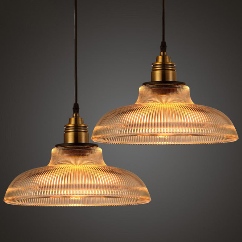 Bowl Shaped Cafe Pendant Lighting Retro Clear Striped Glass Single Brass Hanging Lamp Clearhalo 'Art Deco Pendants' 'Cast Iron' 'Ceiling Lights' 'Ceramic' 'Crystal' 'Industrial Pendants' 'Industrial' 'Metal' 'Middle Century Pendants' 'Pendant Lights' 'Pendants' 'Tiffany' Lighting' 2593862
