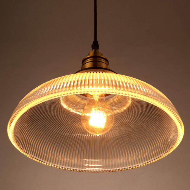 Bowl Shaped Cafe Pendant Lighting Retro Clear Striped Glass Single Brass Hanging Lamp Clearhalo 'Art Deco Pendants' 'Cast Iron' 'Ceiling Lights' 'Ceramic' 'Crystal' 'Industrial Pendants' 'Industrial' 'Metal' 'Middle Century Pendants' 'Pendant Lights' 'Pendants' 'Tiffany' Lighting' 2593863