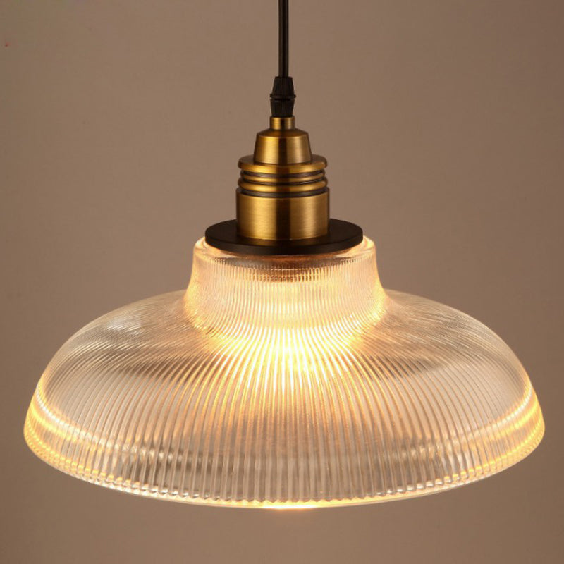 Bowl Shaped Cafe Pendant Lighting Retro Clear Striped Glass Single Brass Hanging Lamp Clearhalo 'Art Deco Pendants' 'Cast Iron' 'Ceiling Lights' 'Ceramic' 'Crystal' 'Industrial Pendants' 'Industrial' 'Metal' 'Middle Century Pendants' 'Pendant Lights' 'Pendants' 'Tiffany' Lighting' 2593865