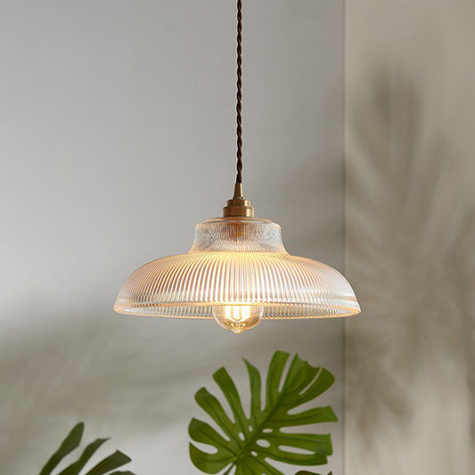 Bowl Shaped Cafe Pendant Lighting Retro Clear Striped Glass Single Brass Hanging Lamp Clearhalo 'Art Deco Pendants' 'Cast Iron' 'Ceiling Lights' 'Ceramic' 'Crystal' 'Industrial Pendants' 'Industrial' 'Metal' 'Middle Century Pendants' 'Pendant Lights' 'Pendants' 'Tiffany' Lighting' 2593866