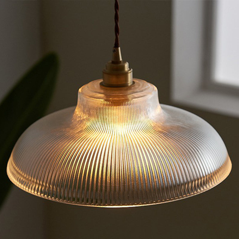 Bowl Shaped Cafe Pendant Lighting Retro Clear Striped Glass Single Brass Hanging Lamp Clearhalo 'Art Deco Pendants' 'Cast Iron' 'Ceiling Lights' 'Ceramic' 'Crystal' 'Industrial Pendants' 'Industrial' 'Metal' 'Middle Century Pendants' 'Pendant Lights' 'Pendants' 'Tiffany' Lighting' 2593867