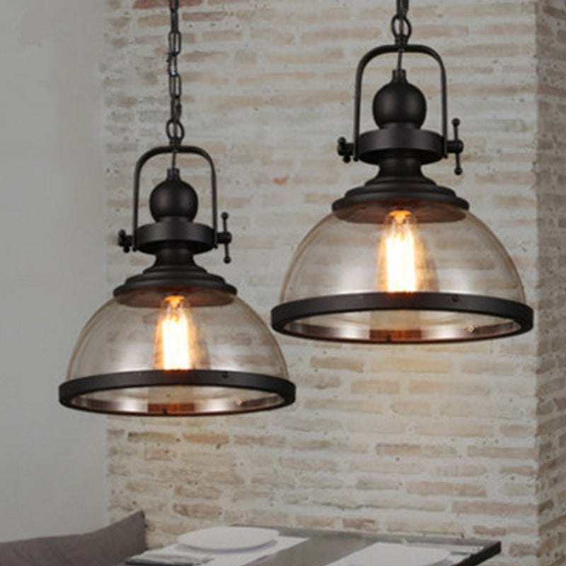 Industrial Style Pot Lid Pendant Lamp 1-Light Clear Glass Ceiling Fixture with Handle in Black Clearhalo 'Art Deco Pendants' 'Black' 'Cast Iron' 'Ceiling Lights' 'Ceramic' 'Crystal' 'Industrial Pendants' 'Industrial' 'Metal' 'Middle Century Pendants' 'Pendant Lights' 'Pendants' 'Rustic Pendants' 'Tiffany' Lighting' 2593901