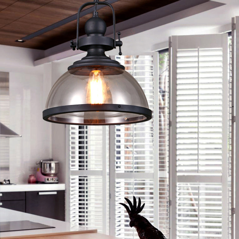 Industrial Style Pot Lid Pendant Lamp 1-Light Clear Glass Ceiling Fixture with Handle in Black Clearhalo 'Art Deco Pendants' 'Black' 'Cast Iron' 'Ceiling Lights' 'Ceramic' 'Crystal' 'Industrial Pendants' 'Industrial' 'Metal' 'Middle Century Pendants' 'Pendant Lights' 'Pendants' 'Rustic Pendants' 'Tiffany' Lighting' 2593903