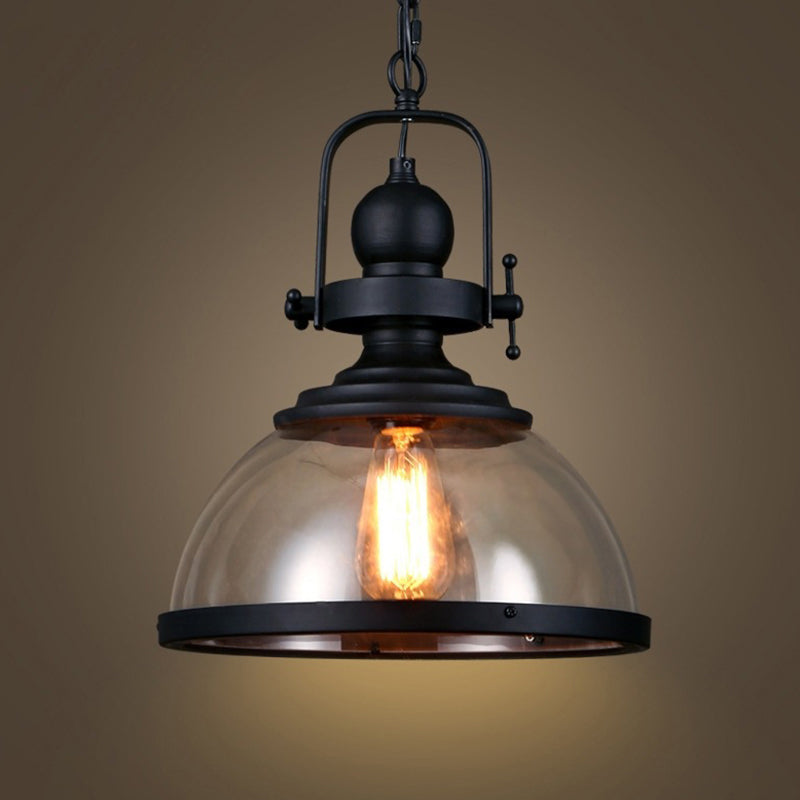 Industrial Style Pot Lid Pendant Lamp 1-Light Clear Glass Ceiling Fixture with Handle in Black Clearhalo 'Art Deco Pendants' 'Black' 'Cast Iron' 'Ceiling Lights' 'Ceramic' 'Crystal' 'Industrial Pendants' 'Industrial' 'Metal' 'Middle Century Pendants' 'Pendant Lights' 'Pendants' 'Rustic Pendants' 'Tiffany' Lighting' 2593905