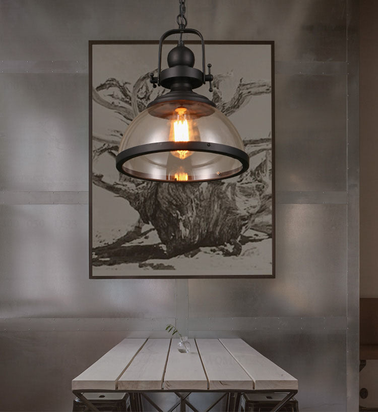 Industrial Style Pot Lid Pendant Lamp 1-Light Clear Glass Ceiling Fixture with Handle in Black Clearhalo 'Art Deco Pendants' 'Black' 'Cast Iron' 'Ceiling Lights' 'Ceramic' 'Crystal' 'Industrial Pendants' 'Industrial' 'Metal' 'Middle Century Pendants' 'Pendant Lights' 'Pendants' 'Rustic Pendants' 'Tiffany' Lighting' 2593909