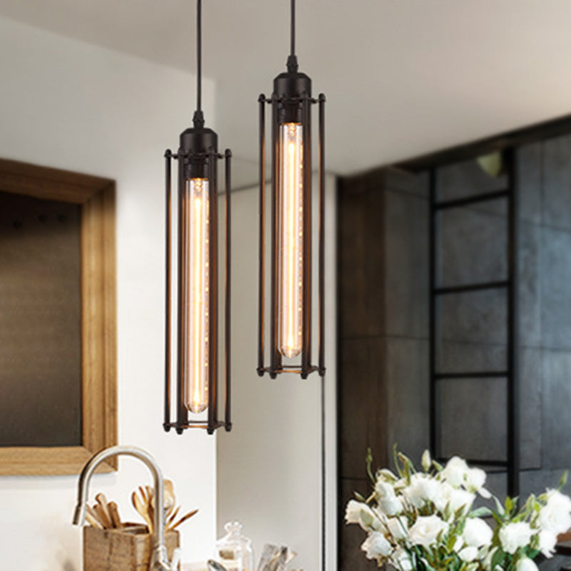 1-Bulb Cylindrical Ceiling Fixture Industrial Black Iron Cage Pendant Light for Bar Black Vertical Clearhalo 'Art Deco Pendants' 'Black' 'Cast Iron' 'Ceiling Lights' 'Ceramic' 'Crystal' 'Industrial Pendants' 'Industrial' 'Metal' 'Middle Century Pendants' 'Pendant Lights' 'Pendants' 'Rustic Pendants' 'Tiffany' Lighting' 2593925