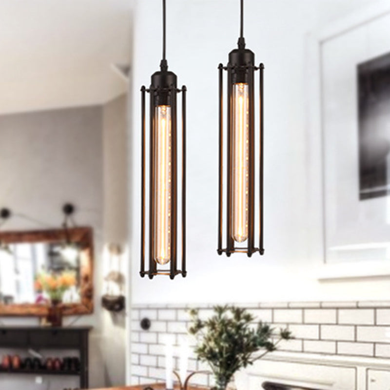 1-Bulb Cylindrical Ceiling Fixture Industrial Black Iron Cage Pendant Light for Bar Clearhalo 'Art Deco Pendants' 'Black' 'Cast Iron' 'Ceiling Lights' 'Ceramic' 'Crystal' 'Industrial Pendants' 'Industrial' 'Metal' 'Middle Century Pendants' 'Pendant Lights' 'Pendants' 'Rustic Pendants' 'Tiffany' Lighting' 2593929