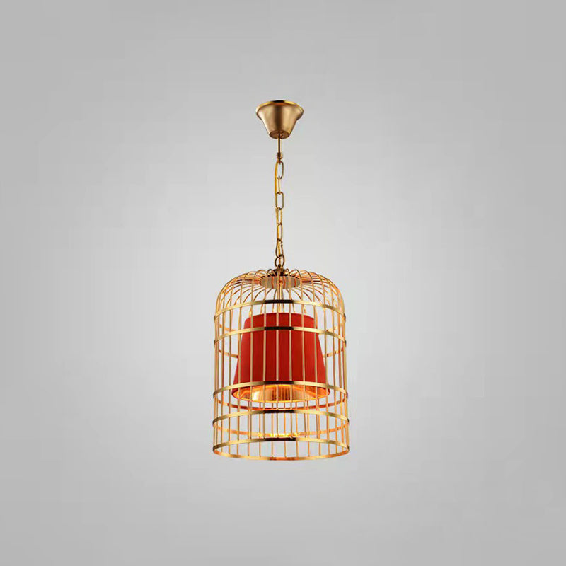 Gold Plated Birdcage Hanging Lamp Country Metal 1 Bulb Restaurant Ceiling Light with Cone Shade Red 12" Clearhalo 'Art Deco Pendants' 'Black' 'Cast Iron' 'Ceiling Lights' 'Ceramic' 'Crystal' 'Industrial Pendants' 'Industrial' 'Metal' 'Middle Century Pendants' 'Pendant Lights' 'Pendants' 'Rustic Pendants' 'Tiffany' Lighting' 2593956