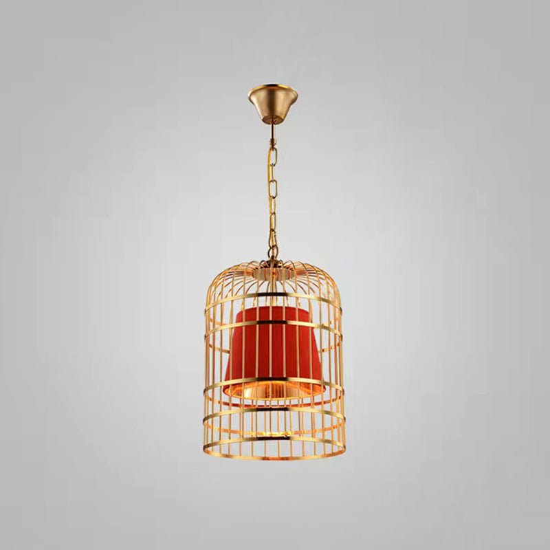Gold Plated Birdcage Hanging Lamp Country Metal 1 Bulb Restaurant Ceiling Light with Cone Shade Red 16" Clearhalo 'Art Deco Pendants' 'Black' 'Cast Iron' 'Ceiling Lights' 'Ceramic' 'Crystal' 'Industrial Pendants' 'Industrial' 'Metal' 'Middle Century Pendants' 'Pendant Lights' 'Pendants' 'Rustic Pendants' 'Tiffany' Lighting' 2593958