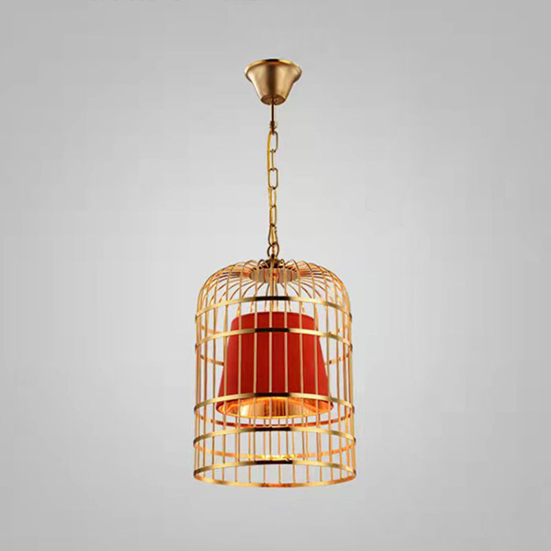 Gold Plated Birdcage Hanging Lamp Country Metal 1 Bulb Restaurant Ceiling Light with Cone Shade Red 19.5" Clearhalo 'Art Deco Pendants' 'Black' 'Cast Iron' 'Ceiling Lights' 'Ceramic' 'Crystal' 'Industrial Pendants' 'Industrial' 'Metal' 'Middle Century Pendants' 'Pendant Lights' 'Pendants' 'Rustic Pendants' 'Tiffany' Lighting' 2593960