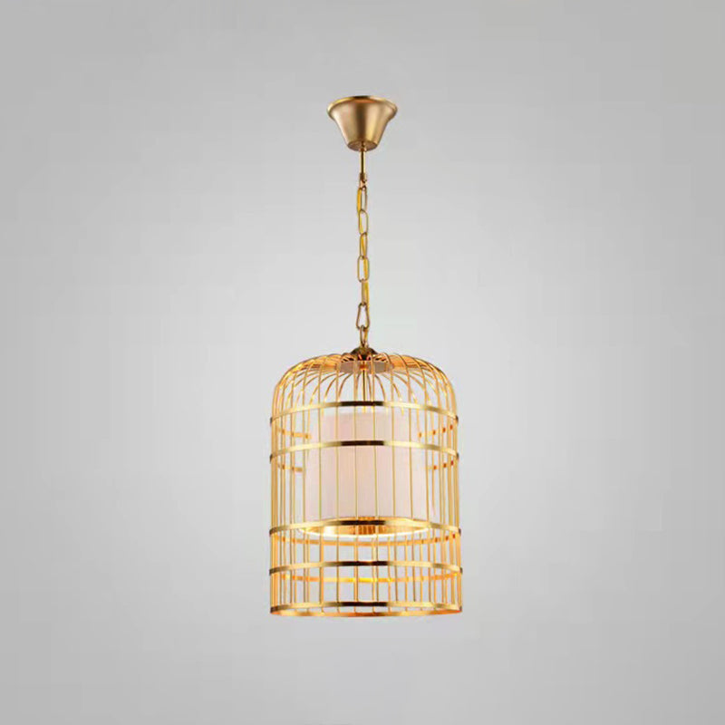 Gold Plated Birdcage Hanging Lamp Country Metal 1 Bulb Restaurant Ceiling Light with Cone Shade White 16" Clearhalo 'Art Deco Pendants' 'Black' 'Cast Iron' 'Ceiling Lights' 'Ceramic' 'Crystal' 'Industrial Pendants' 'Industrial' 'Metal' 'Middle Century Pendants' 'Pendant Lights' 'Pendants' 'Rustic Pendants' 'Tiffany' Lighting' 2593970