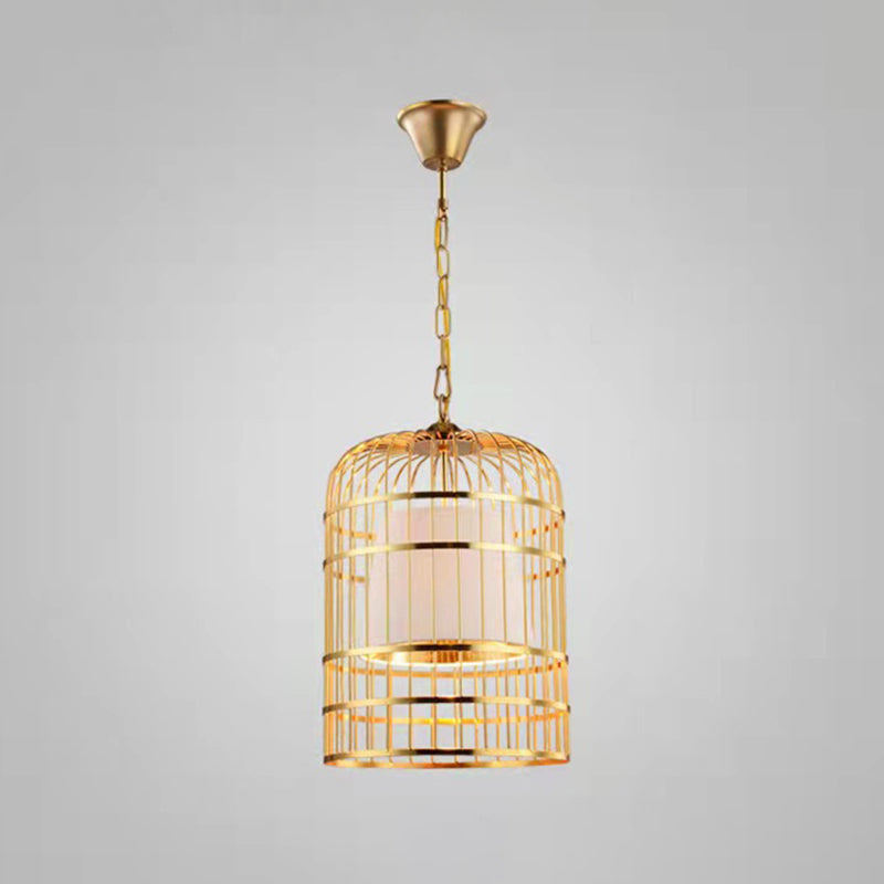 Gold Plated Birdcage Hanging Lamp Country Metal 1 Bulb Restaurant Ceiling Light with Cone Shade White 19.5" Clearhalo 'Art Deco Pendants' 'Black' 'Cast Iron' 'Ceiling Lights' 'Ceramic' 'Crystal' 'Industrial Pendants' 'Industrial' 'Metal' 'Middle Century Pendants' 'Pendant Lights' 'Pendants' 'Rustic Pendants' 'Tiffany' Lighting' 2593971
