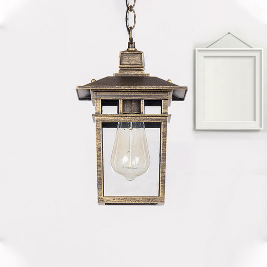 Industrial Lantern Hanging Lighting Metal and Clear Glass 1 Light Black/Bronze/Gold Outdoor Pendant Lamp for Porch Gold Clearhalo 'Ceiling Lights' 'Chandeliers' 'Glass shade' 'Glass' 'Industrial Pendants' 'Industrial' 'Middle Century Pendants' 'Pendant Lights' 'Pendants' 'Tiffany' Lighting' 259402