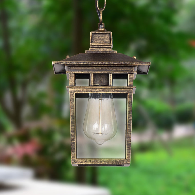 Industrial Lantern Hanging Lighting Metal and Clear Glass 1 Light Black/Bronze/Gold Outdoor Pendant Lamp for Porch Clearhalo 'Ceiling Lights' 'Chandeliers' 'Glass shade' 'Glass' 'Industrial Pendants' 'Industrial' 'Middle Century Pendants' 'Pendant Lights' 'Pendants' 'Tiffany' Lighting' 259403
