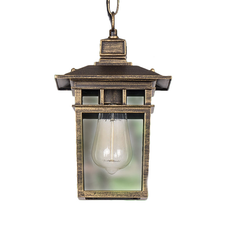 Industrial Lantern Hanging Lighting Metal and Clear Glass 1 Light Black/Bronze/Gold Outdoor Pendant Lamp for Porch Clearhalo 'Ceiling Lights' 'Chandeliers' 'Glass shade' 'Glass' 'Industrial Pendants' 'Industrial' 'Middle Century Pendants' 'Pendant Lights' 'Pendants' 'Tiffany' Lighting' 259404