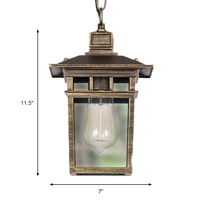 Industrial Lantern Hanging Lighting Metal and Clear Glass 1 Light Black/Bronze/Gold Outdoor Pendant Lamp for Porch Clearhalo 'Ceiling Lights' 'Chandeliers' 'Glass shade' 'Glass' 'Industrial Pendants' 'Industrial' 'Middle Century Pendants' 'Pendant Lights' 'Pendants' 'Tiffany' Lighting' 259405