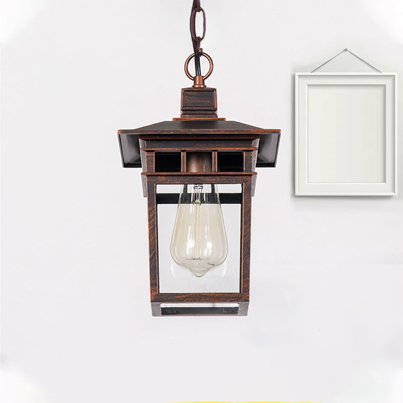 Industrial Lantern Hanging Lighting Metal and Clear Glass 1 Light Black/Bronze/Gold Outdoor Pendant Lamp for Porch Bronze Clearhalo 'Ceiling Lights' 'Chandeliers' 'Glass shade' 'Glass' 'Industrial Pendants' 'Industrial' 'Middle Century Pendants' 'Pendant Lights' 'Pendants' 'Tiffany' Lighting' 259406