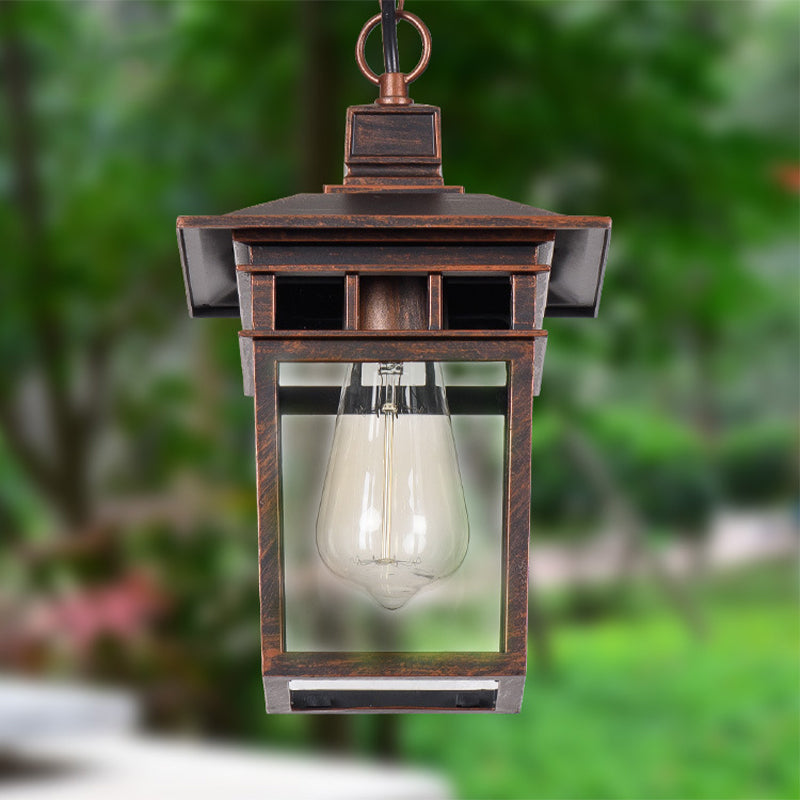 Industrial Lantern Hanging Lighting Metal and Clear Glass 1 Light Black/Bronze/Gold Outdoor Pendant Lamp for Porch Clearhalo 'Ceiling Lights' 'Chandeliers' 'Glass shade' 'Glass' 'Industrial Pendants' 'Industrial' 'Middle Century Pendants' 'Pendant Lights' 'Pendants' 'Tiffany' Lighting' 259407