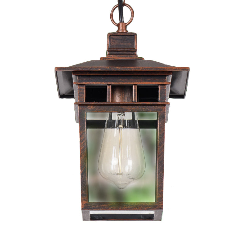 Industrial Lantern Hanging Lighting Metal and Clear Glass 1 Light Black/Bronze/Gold Outdoor Pendant Lamp for Porch Clearhalo 'Ceiling Lights' 'Chandeliers' 'Glass shade' 'Glass' 'Industrial Pendants' 'Industrial' 'Middle Century Pendants' 'Pendant Lights' 'Pendants' 'Tiffany' Lighting' 259408