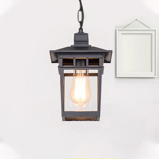 Industrial Lantern Hanging Lighting Metal and Clear Glass 1 Light Black/Bronze/Gold Outdoor Pendant Lamp for Porch Black Clearhalo 'Ceiling Lights' 'Chandeliers' 'Glass shade' 'Glass' 'Industrial Pendants' 'Industrial' 'Middle Century Pendants' 'Pendant Lights' 'Pendants' 'Tiffany' Lighting' 259409