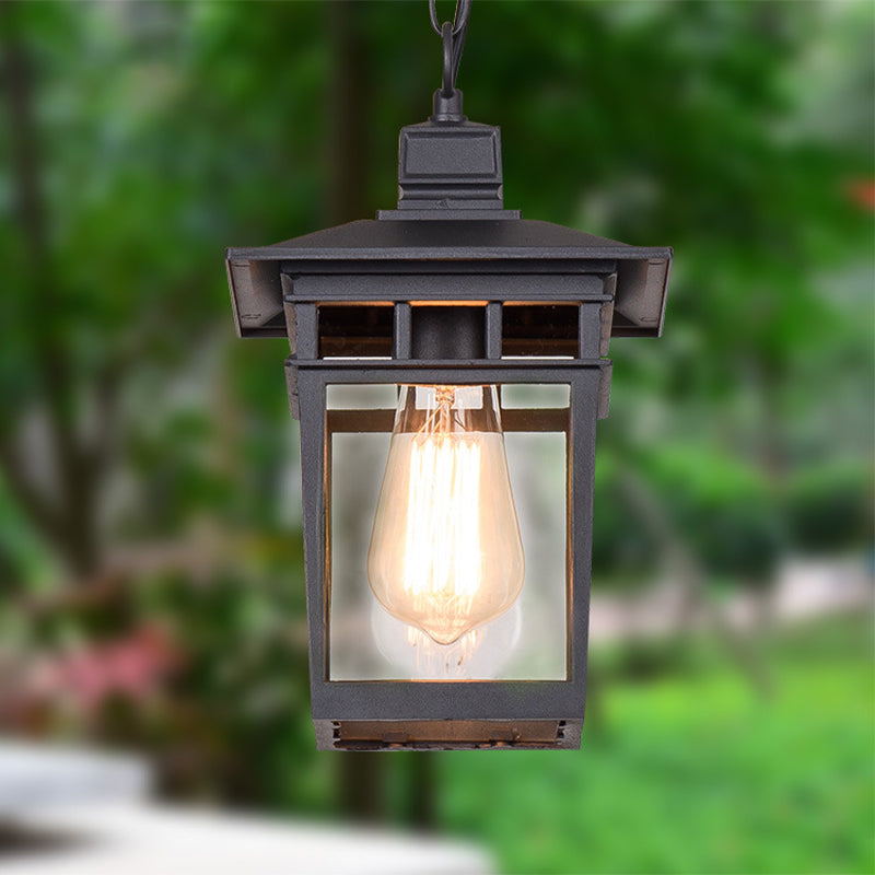 Industrial Lantern Hanging Lighting Metal and Clear Glass 1 Light Black/Bronze/Gold Outdoor Pendant Lamp for Porch Clearhalo 'Ceiling Lights' 'Chandeliers' 'Glass shade' 'Glass' 'Industrial Pendants' 'Industrial' 'Middle Century Pendants' 'Pendant Lights' 'Pendants' 'Tiffany' Lighting' 259410