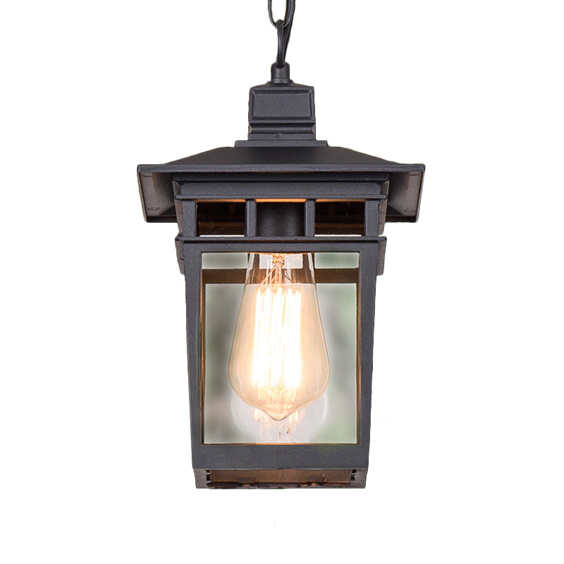 Industrial Lantern Hanging Lighting Metal and Clear Glass 1 Light Black/Bronze/Gold Outdoor Pendant Lamp for Porch Clearhalo 'Ceiling Lights' 'Chandeliers' 'Glass shade' 'Glass' 'Industrial Pendants' 'Industrial' 'Middle Century Pendants' 'Pendant Lights' 'Pendants' 'Tiffany' Lighting' 259411