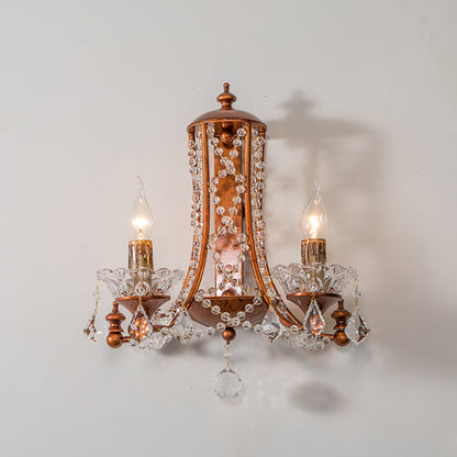 2 Heads Candle Wall Mount Light with Crystal Beaded Strand French Country Sconce Light in Weathered Copper Weathered Copper Clearhalo 'Wall Lamps & Sconces' 'Wall Lights' Lighting' 259417