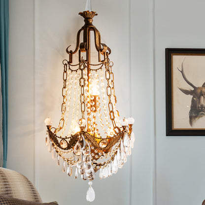 Beaded Sconce Light Fixture with Clear Crystal Decoration Vintage 3 Lights Wall Lighting Fixture in Antique Brass Antique Brass Clearhalo 'Wall Lamps & Sconces' 'Wall Lights' Lighting' 259422