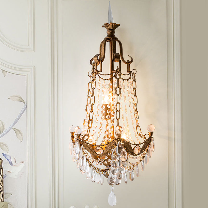 Beaded Sconce Light Fixture with Clear Crystal Decoration Vintage 3 Lights Wall Lighting Fixture in Antique Brass Clearhalo 'Wall Lamps & Sconces' 'Wall Lights' Lighting' 259424