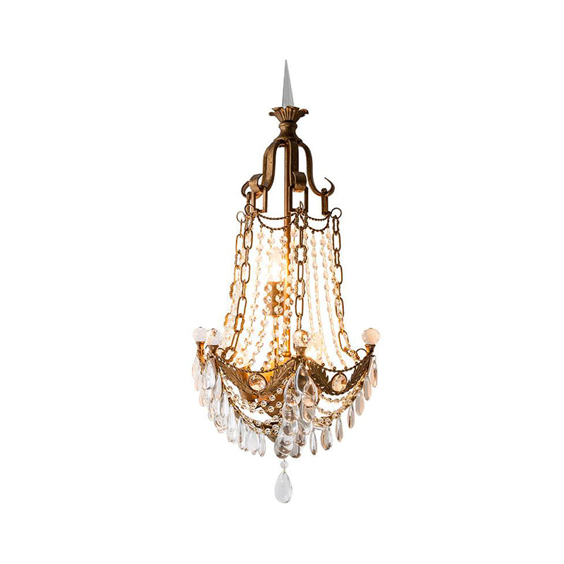 Beaded Sconce Light Fixture with Clear Crystal Decoration Vintage 3 Lights Wall Lighting Fixture in Antique Brass Clearhalo 'Wall Lamps & Sconces' 'Wall Lights' Lighting' 259426