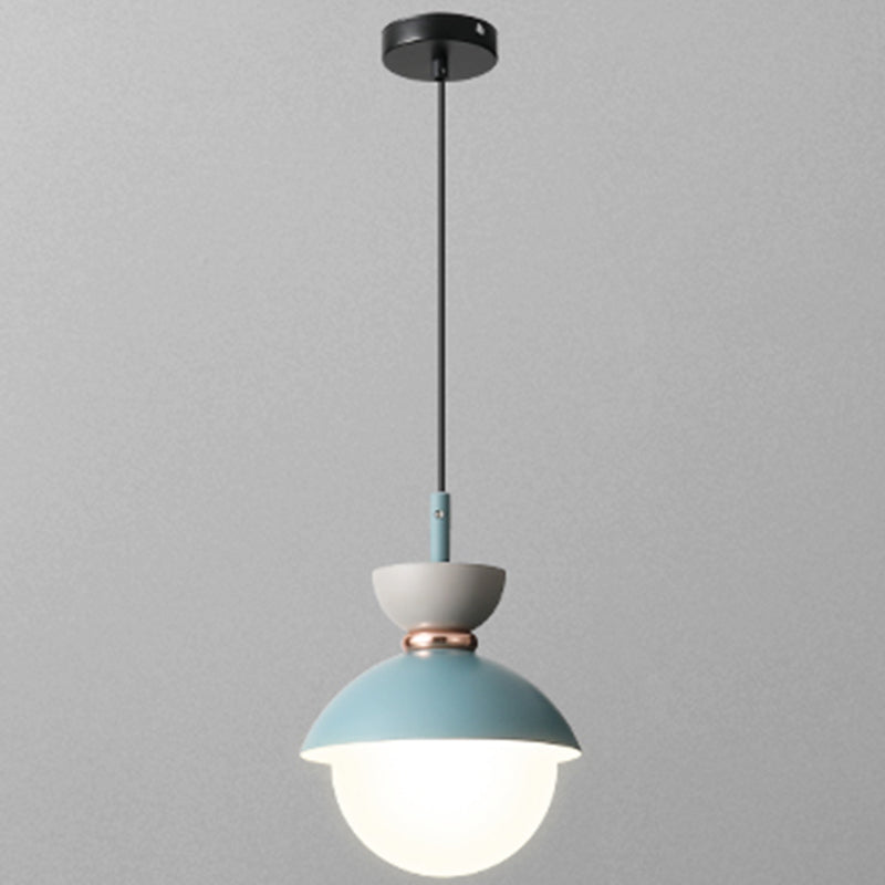 Nordic Macaroon Style Hanging Light 1 Light Frosted Metal Milk White Glass Shade Pendant Lamp for Dining Room Bedroom Light Blue 5" Clearhalo 'Ceiling Lights' 'Modern Pendants' 'Modern' 'Pendant Lights' 'Pendants' Lighting' 2594301