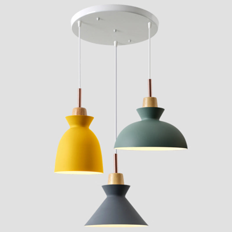 3-Light Macaroon Style Hanging Light Aluminum Shade Nordic Simplicity Pendant Light in Multi Color for Dining Room Bedroom Yellow-Green-Grey Round Clearhalo 'Ceiling Lights' 'Modern Pendants' 'Modern' 'Pendant Lights' 'Pendants' Lighting' 2594332