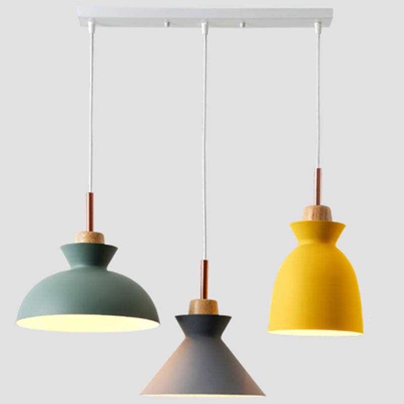 3-Light Macaroon Style Hanging Light Aluminum Shade Nordic Simplicity Pendant Light in Multi Color for Dining Room Bedroom Yellow-Green-Grey Linear Clearhalo 'Ceiling Lights' 'Modern Pendants' 'Modern' 'Pendant Lights' 'Pendants' Lighting' 2594333
