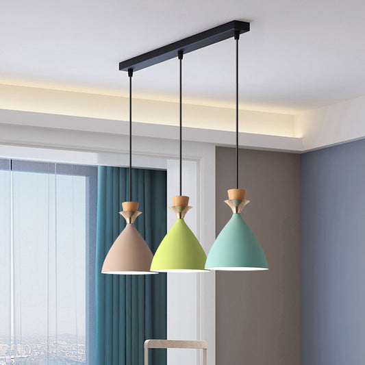 Macaroon 3-Light Cluster Pendant Green-Pink-Yellow Cone Metal Shade Hanging Light with 59" Adjustable Hanging Wire Clearhalo 'Ceiling Lights' 'Modern Pendants' 'Modern' 'Pendant Lights' 'Pendants' Lighting' 2594344