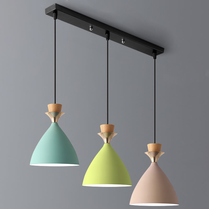 Macaroon 3-Light Cluster Pendant Green-Pink-Yellow Cone Metal Shade Hanging Light with 59" Adjustable Hanging Wire Green-Yellow-Pink Linear Clearhalo 'Ceiling Lights' 'Modern Pendants' 'Modern' 'Pendant Lights' 'Pendants' Lighting' 2594346