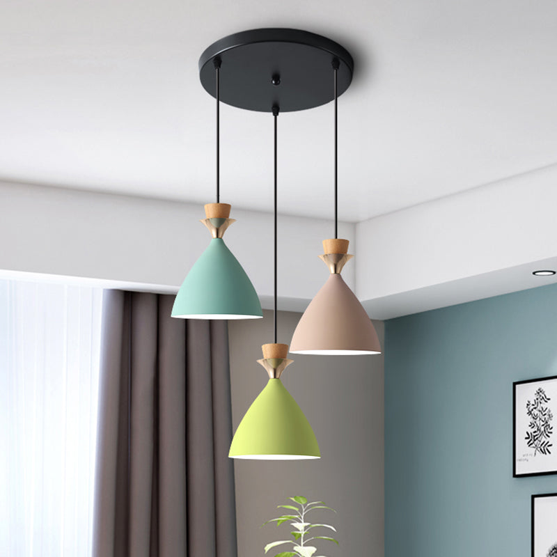 Macaroon 3-Light Cluster Pendant Green-Pink-Yellow Cone Metal Shade Hanging Light with 59" Adjustable Hanging Wire Clearhalo 'Ceiling Lights' 'Modern Pendants' 'Modern' 'Pendant Lights' 'Pendants' Lighting' 2594347