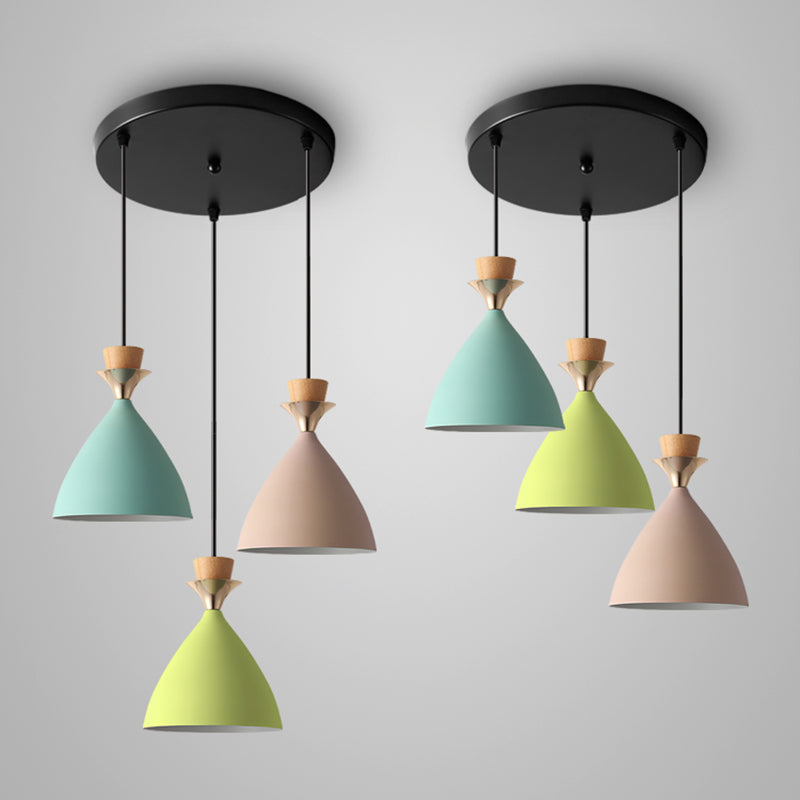 Macaroon 3-Light Cluster Pendant Green-Pink-Yellow Cone Metal Shade Hanging Light with 59" Adjustable Hanging Wire Clearhalo 'Ceiling Lights' 'Modern Pendants' 'Modern' 'Pendant Lights' 'Pendants' Lighting' 2594348