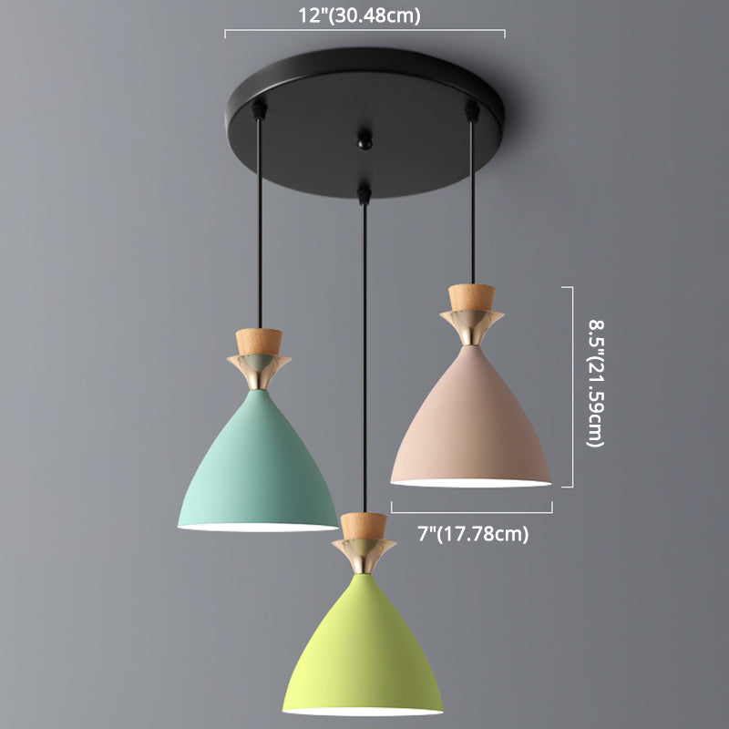 Macaroon 3-Light Cluster Pendant Green-Pink-Yellow Cone Metal Shade Hanging Light with 59" Adjustable Hanging Wire Clearhalo 'Ceiling Lights' 'Modern Pendants' 'Modern' 'Pendant Lights' 'Pendants' Lighting' 2594352