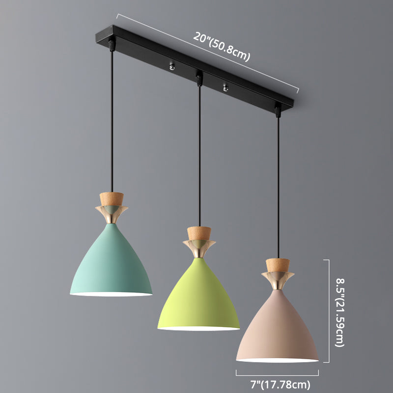 Macaroon 3-Light Cluster Pendant Green-Pink-Yellow Cone Metal Shade Hanging Light with 59" Adjustable Hanging Wire Clearhalo 'Ceiling Lights' 'Modern Pendants' 'Modern' 'Pendant Lights' 'Pendants' Lighting' 2594353