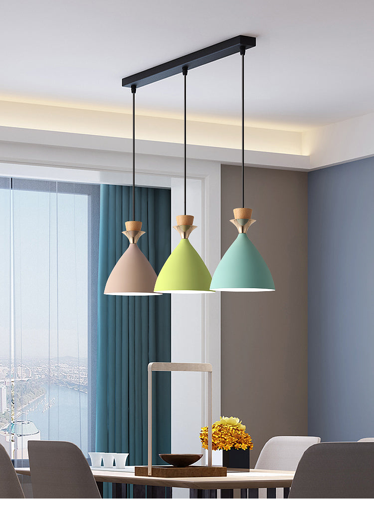 Macaroon 3-Light Cluster Pendant Green-Pink-Yellow Cone Metal Shade Hanging Light with 59" Adjustable Hanging Wire Clearhalo 'Ceiling Lights' 'Modern Pendants' 'Modern' 'Pendant Lights' 'Pendants' Lighting' 2594354