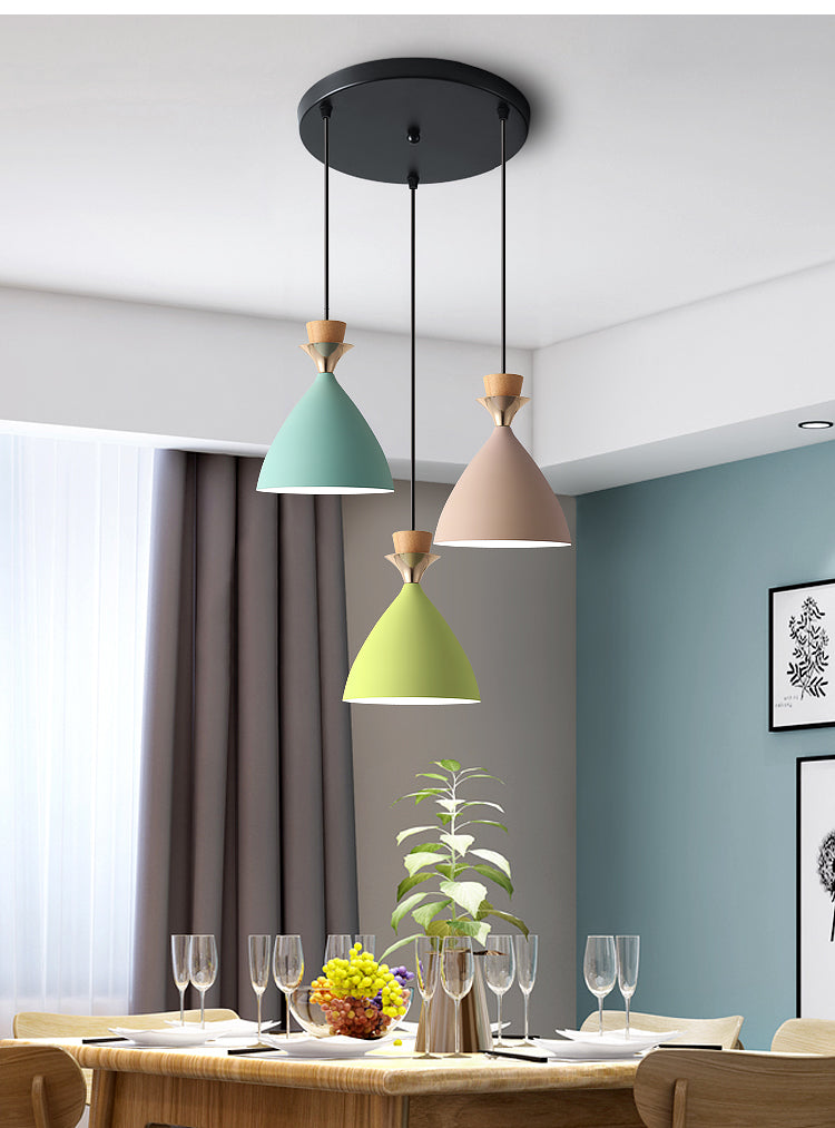 Macaroon 3-Light Cluster Pendant Green-Pink-Yellow Cone Metal Shade Hanging Light with 59" Adjustable Hanging Wire Clearhalo 'Ceiling Lights' 'Modern Pendants' 'Modern' 'Pendant Lights' 'Pendants' Lighting' 2594355