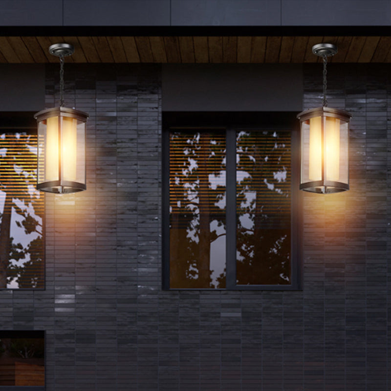 Industrial Rectangle Hanging Light Double Glass Shade 1 Light Outdoor Pendant Light in Black for Courtyard, 5"/7"/8" W Clearhalo 'Ceiling Lights' 'Chandeliers' 'Glass shade' 'Glass' 'Industrial Pendants' 'Industrial' 'Middle Century Pendants' 'Pendant Lights' 'Pendants' 'Tiffany' Lighting' 259442