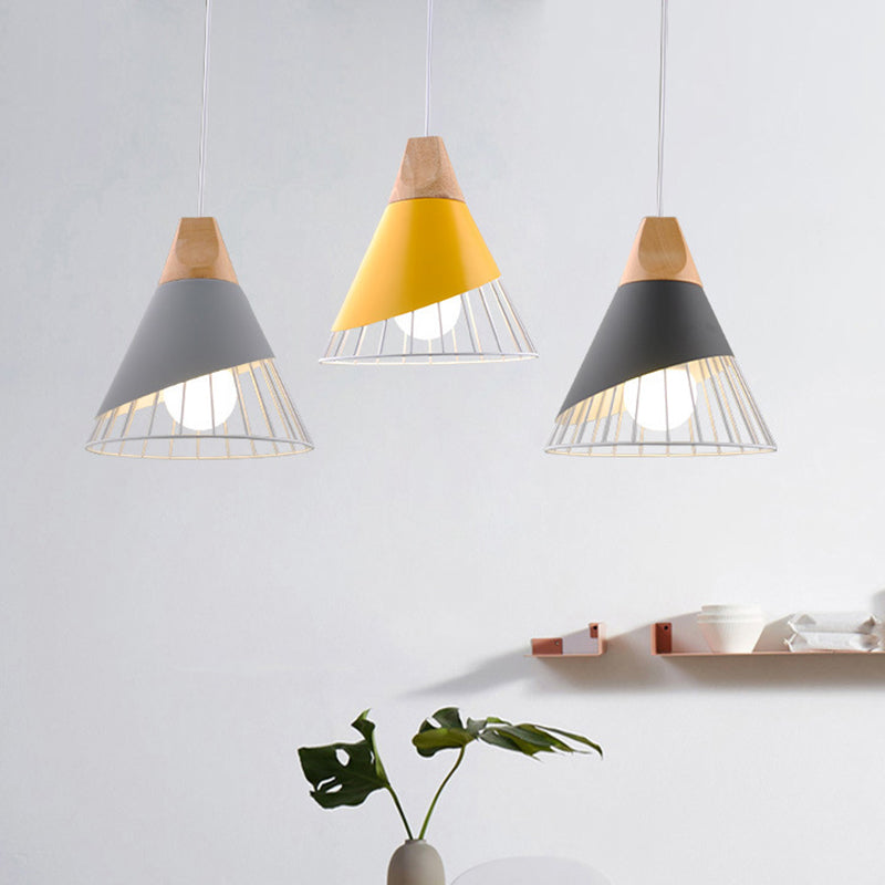 1 Light Macaroon Hanging Light Nordic Minimalist Solid Wood Bedroom Pendant Lamp with Iron Hollow Lampshade Clearhalo 'Ceiling Lights' 'Modern Pendants' 'Modern' 'Pendant Lights' 'Pendants' Lighting' 2594420